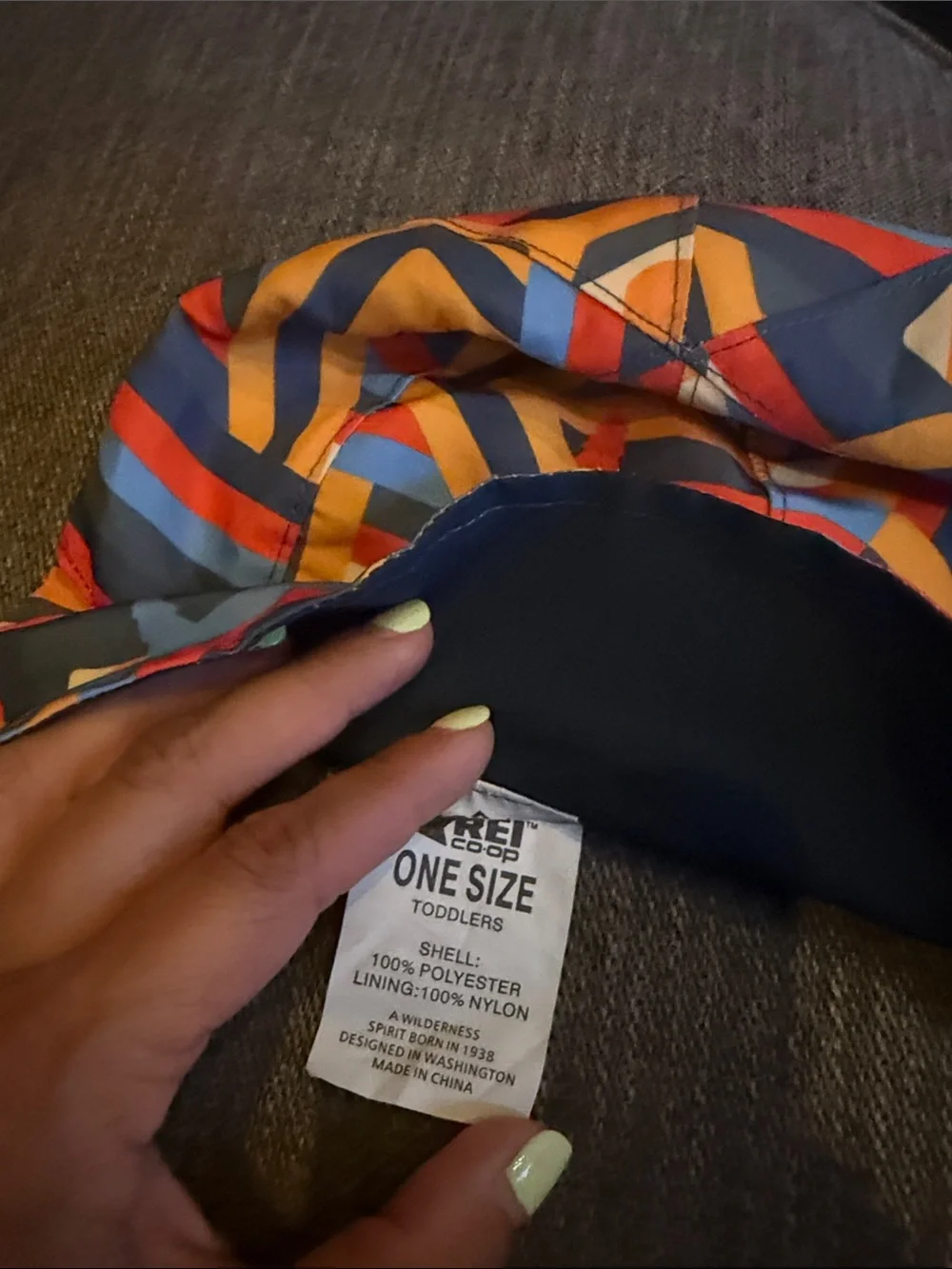 REI Toddler Bucket Hat Geometric Print with velcro chin strap